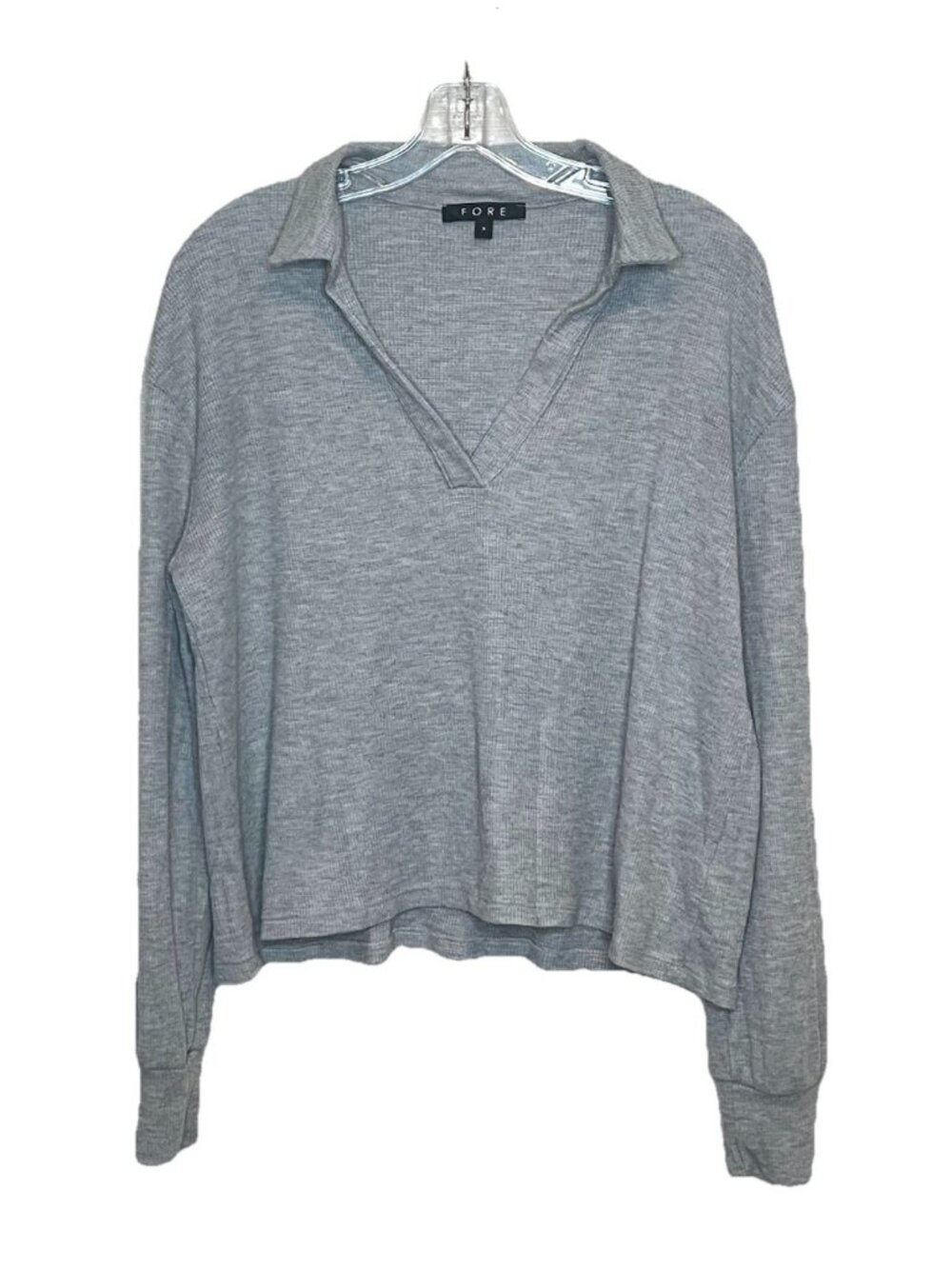 FORE Womens Small Gray Collared V Neck Long Sleeve Knit Top Made in USA